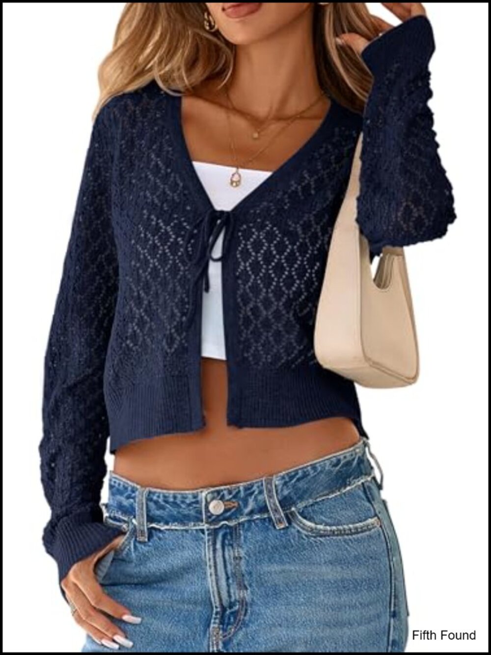 Womens Cropped Cardigan Tie Front Long Sleeve Crochet Shrug